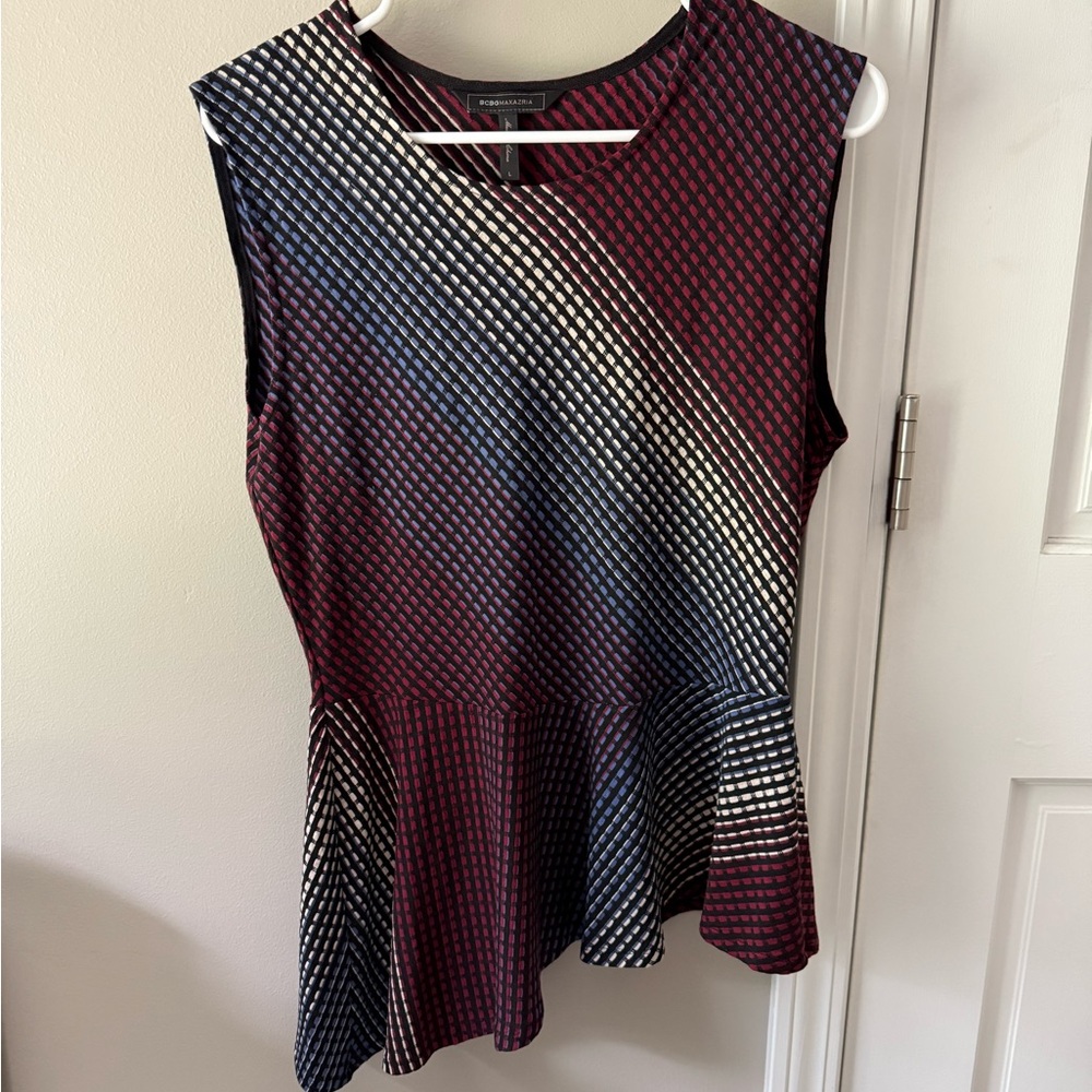 BCBGMaxAzria Asymmetrical Red, Blue, White, and Black Blouse